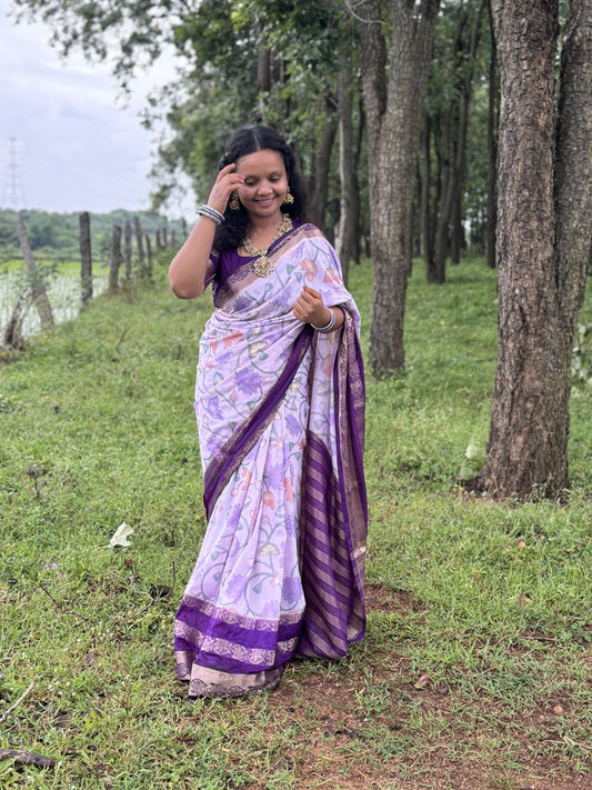 APARNA- Semi Mysore Crepe Floral Print Saree With Sequence Border