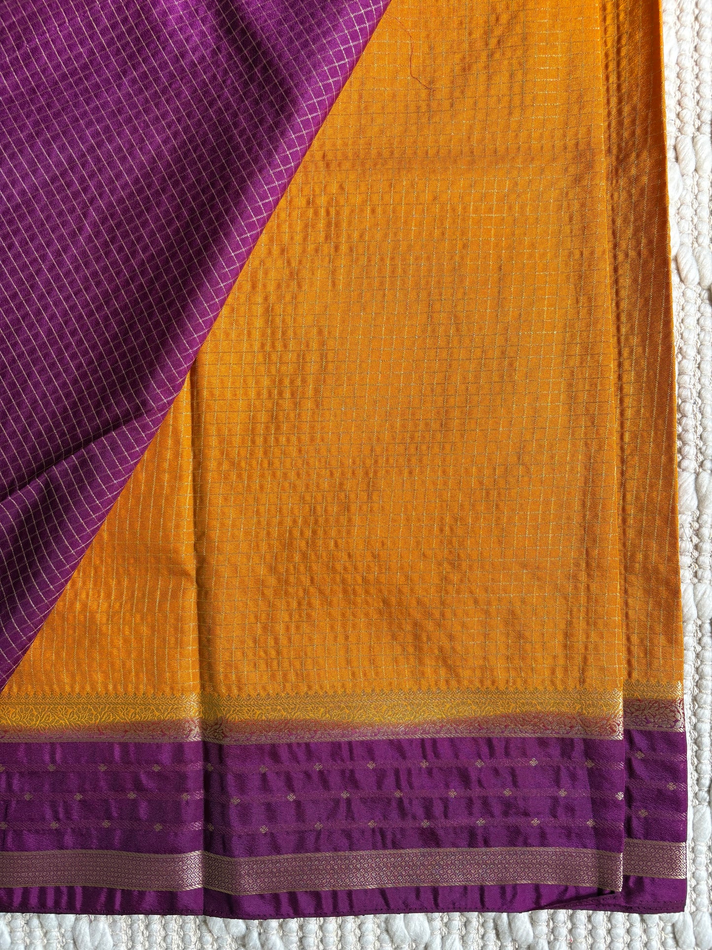 Rohini (Yellow & Purple) - Semi Mysore Silk Checks Saree