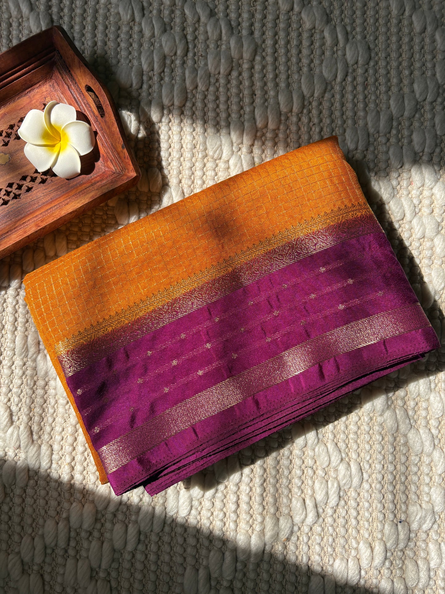 Rohini (Yellow & Purple) - Semi Mysore Silk Checks Saree