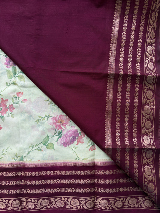 KUMUDINI (Maroon & Pastel) - Semi Mysore Crepe Floral Print Saree