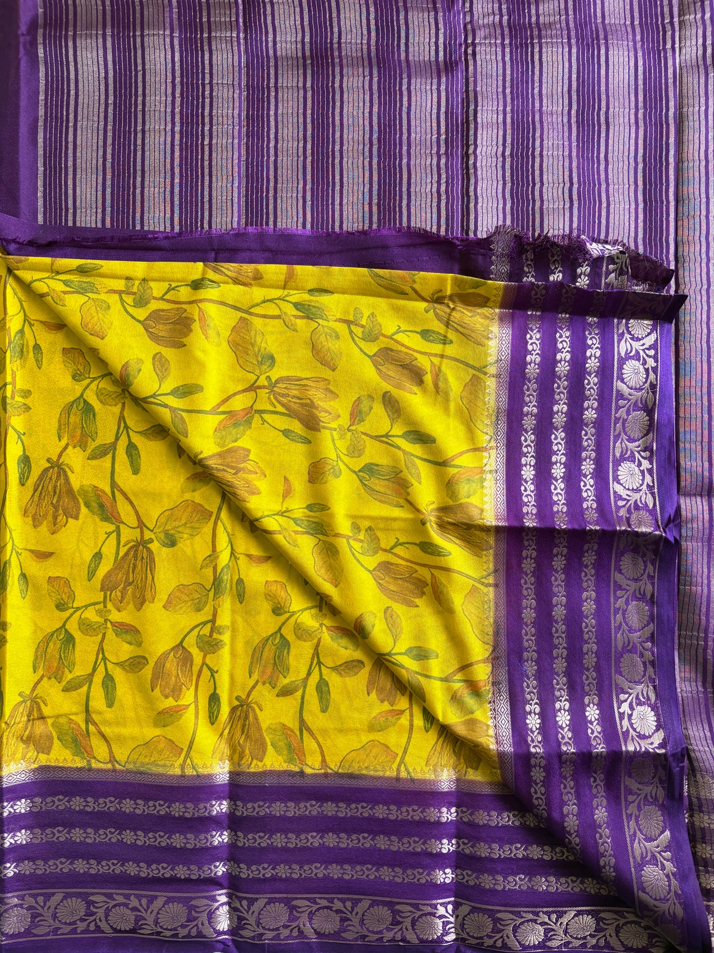 KUMUDINI (Yellow & Purple) - Semi Mysore Crepe Floral Print Saree