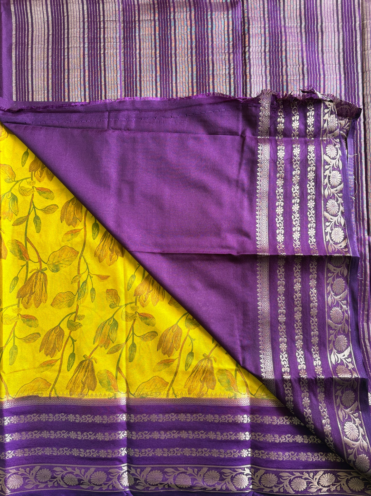 KUMUDINI (Yellow & Purple) - Semi Mysore Crepe Floral Print Saree