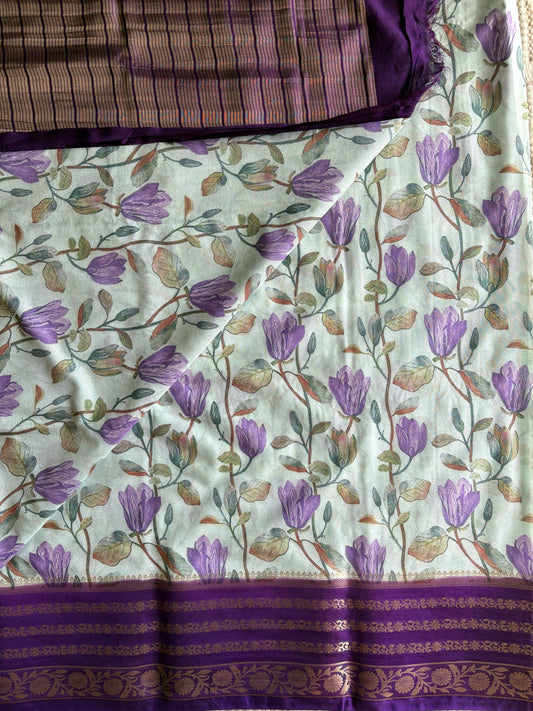 KUMUDINI (Purple & Pastel) - Semi Mysore Crepe Floral Print Saree
