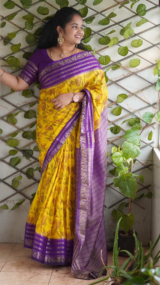 KUMUDINI (Yellow & Purple) - Semi Mysore Crepe Floral Print Saree