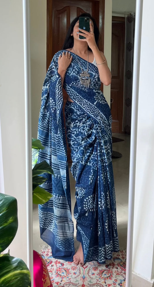 SUMITRA - Hand Block Print Mulmul Cotton Saree