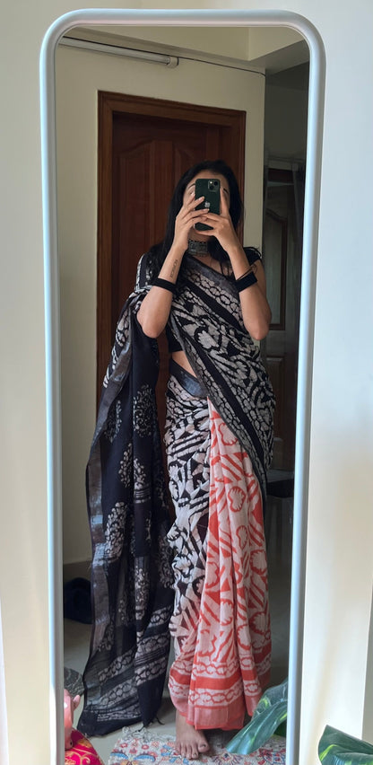 MRIDULA - Hand Block Print Linen Saree