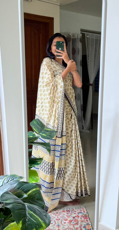 SUBHADRA - Hand Block Print Mulmul Cotton Saree