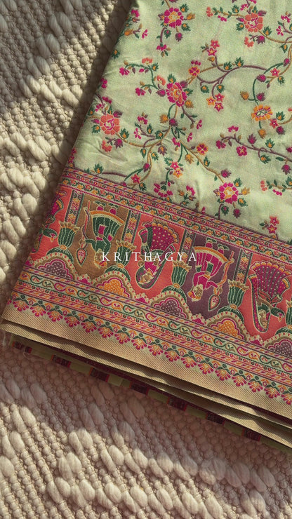 RUDRANI (Pastel green)- Pure Hand Weaving Kalamkari Saree