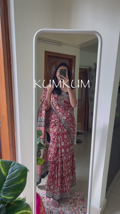 KUMKUM - Hand Block Print Mulmul Cotton Saree