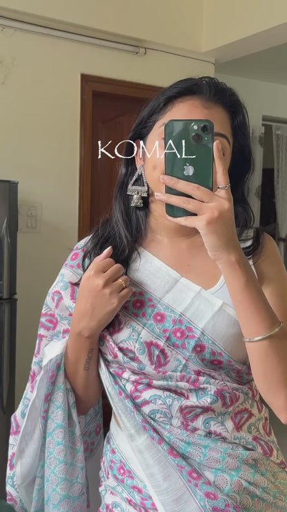 KOMAL - Hand Block Print Linen Saree